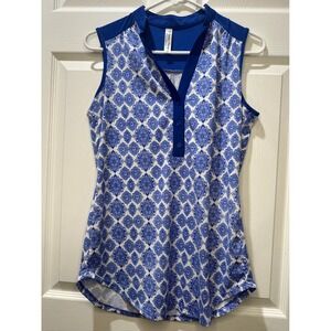 PerSeption Concept Womens Blue White Medallion Print Sleeveless V Neck Top Small